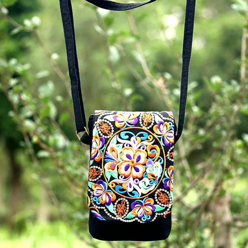 2025 New Ethnic Embroidered Canvas Crossbody Bag Embroidered Two-Layer Mobile Phone Bag Coin Purse