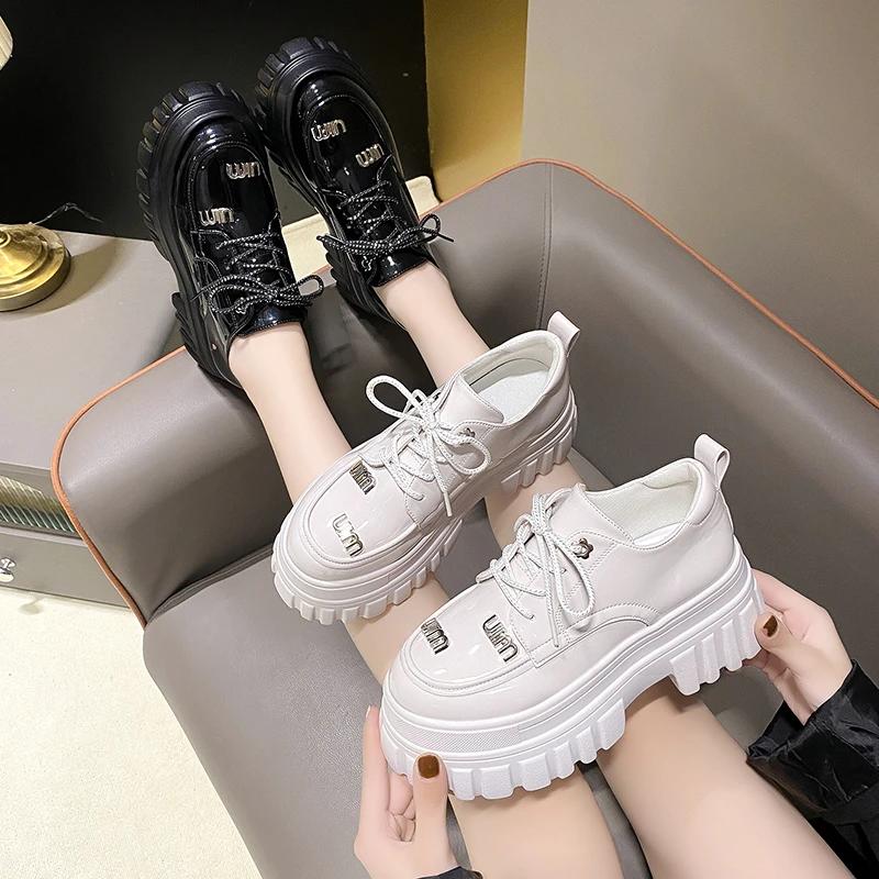 fashion British Style Chunky Platform Pumps Women 2024 Spring Autumn Lace Up Thick Heels Loafers Woman Round Toe Patent Leather Shoes
