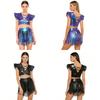 Ținută Strălucitoare Rave pentru Femei Crop Top Metalic Iridiscent pentru Dans Pantaloni Scurți cu Talie Înaltă și Franjuri