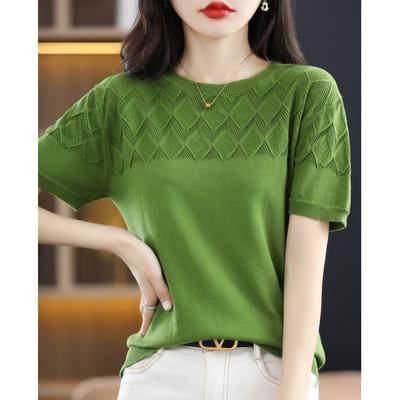 Reines Baumwoll-Rundhals-Hollow-Einfarbiges Dünnes T-Shirt für Damen Sommer Neues T-Shirt für Baumwolle Gestrickt Kurzärmelig Locker Halbärmeliges Oberteil