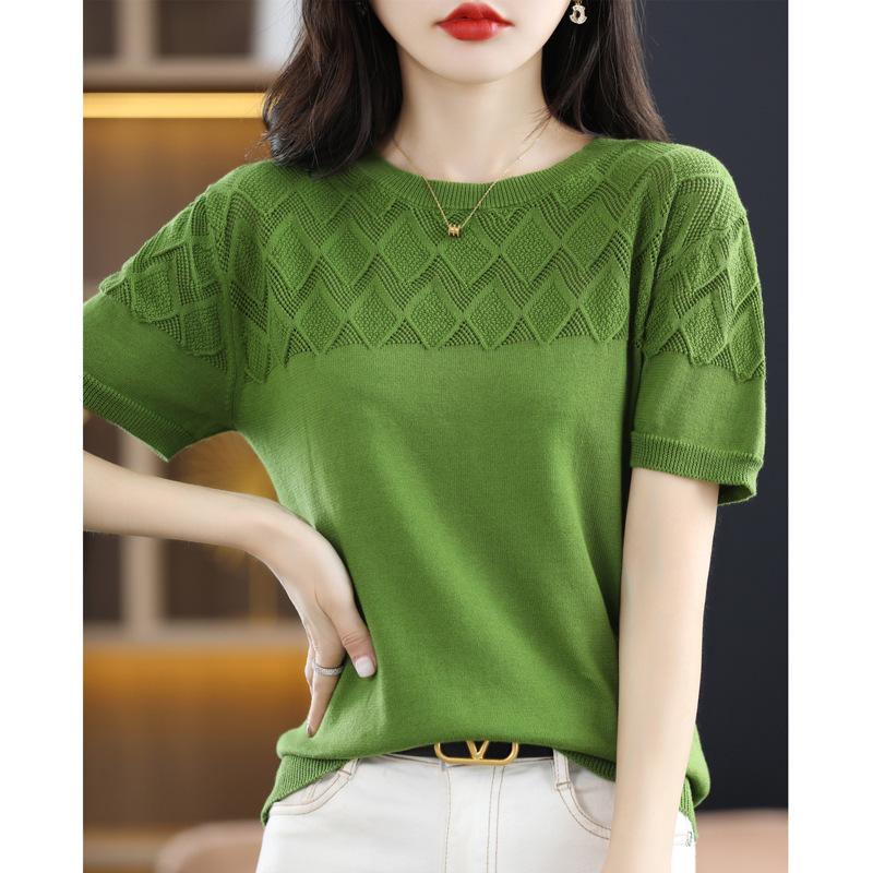 

Женская летняя футболка из чистого хлопка с круглым вырезом, ажурная, однотонная, тонкая. Новая футболка для лета, хлопковая трикотажная, с коротким рукавом, свободный топ с рукавом до локтя. XXL