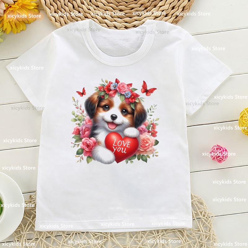 ValentineS Day Tshirt Watercolor Flower Heart Graphic Print Girls Tshirt Funny Yorkie Dogs Print Boy TShirt Cute Girls Clothes 100