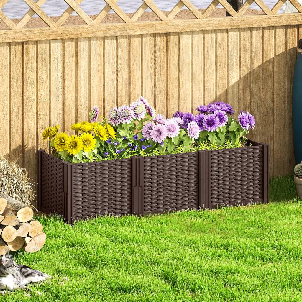 Plastic Raised Garden Bed, Modular Planter Box Kit, Garden Fence Edging Border for Flowers, Vegetables, Herbs, Brown