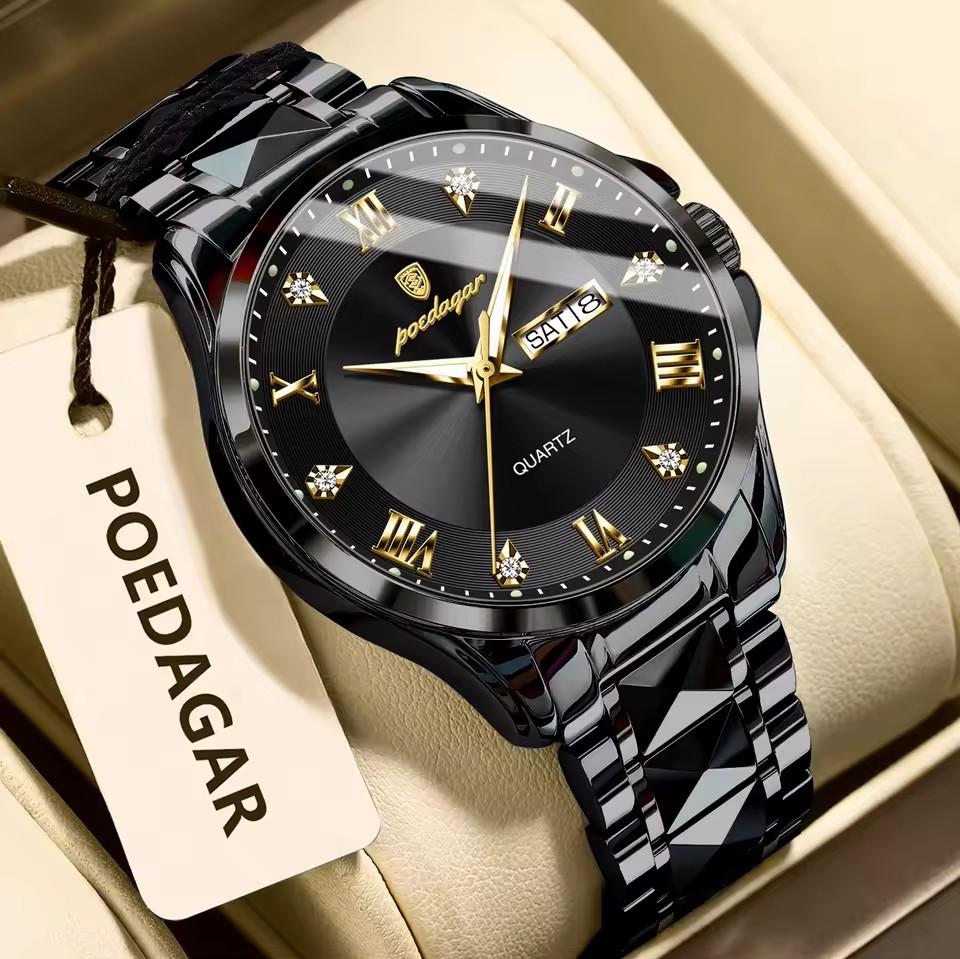 POEDAGAR Fashion Military Men Clock Waterproof Luminous Date Week Man Wristwatch Stainless Steel Quartz Watches Male Reloj