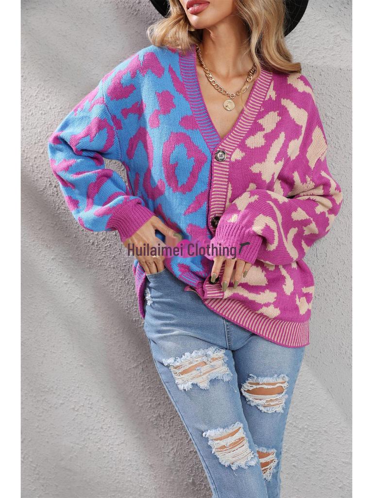 European & American Leopard Print Knitted Cardigan: Autumn/Winter, Mid-Length, Round Neck, Single-Breasted, Streetwear Style, Plus Size Sweater