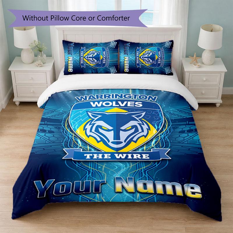 Warrington Wolves FC Custom Name Text Bedding Set 1 Duvet Cover+2 Pillowcases Soccer Logo Personalized Gift For Special Occasion Bedroom Decor