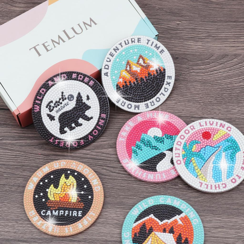 TEMLUM Diamond Art Coaster Kit, Diamond Bead Painting Kit, DIY Handmade 5D Mosaic Art Diamond Painting, 6-Piece Set, Beginner Decorative Gift