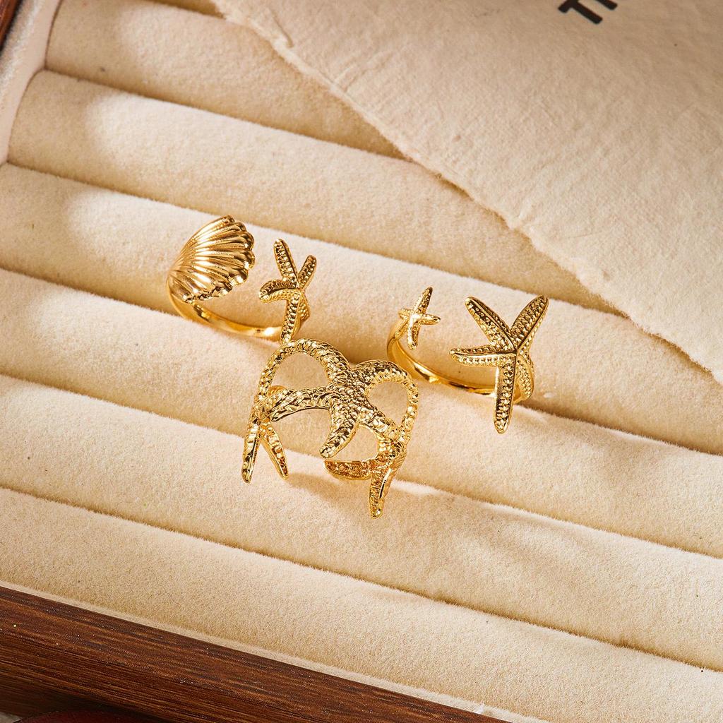 Ocean Holiday Alloy Ring Set: Shell & Starfish Design, Openable 3-Piece