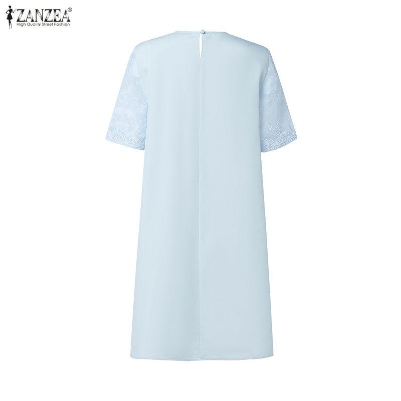 ZANZEA Women Casual Round Neck Short Sleeve Summer Subtle Patterned Dress