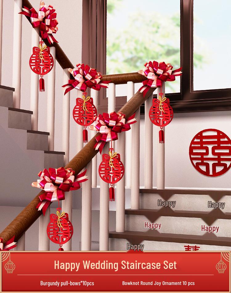 Online Celebrity Wedding Stair Railing Décor Set: Groom's Ceremony Ribbons, Bows, and Pull Flowers