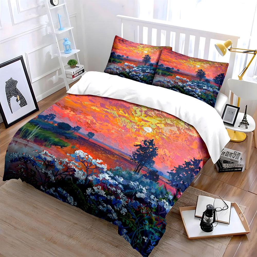 Sunset, Trees, Flowers, Landscape. Bedding Sets Duvet Cover Sets Duvet Covers Pillowcases(1 * Duvet Cover 2 * Pillowcases Without Duvet Insert)