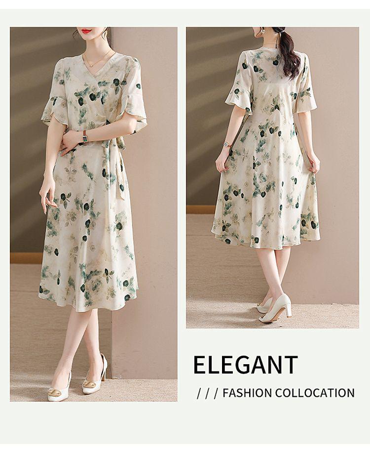 Sophisticated Summer Dress for Middle-aged Women - Waist-cinching, Mid-length Printed Style
