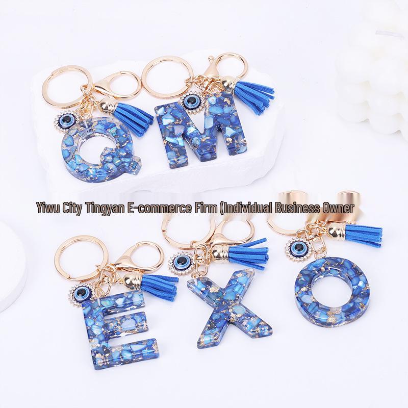 Cross-Border English Alphabet Resin Keychain with Gold Foil Demon Eye Pendant for Girls' Bags and Backpacks