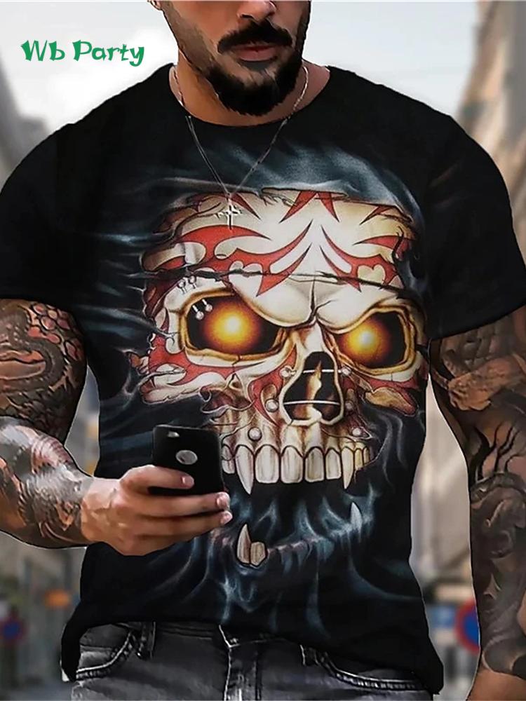 Retro skull 3D print men's T-shirt, summer street style men's top, fashionable round neck short-sleeved T-shirt, new loose fit men's clothing.