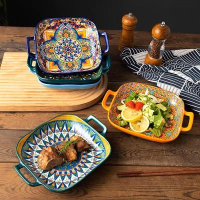 1PC Assiette Bohème 9 pouces à Double Oreille en Céramique Assiette Carrée Binaurale Maison Haut Niveau d'Apparence Assiette de Plat Principal Assiette Résistante à la Chaleur