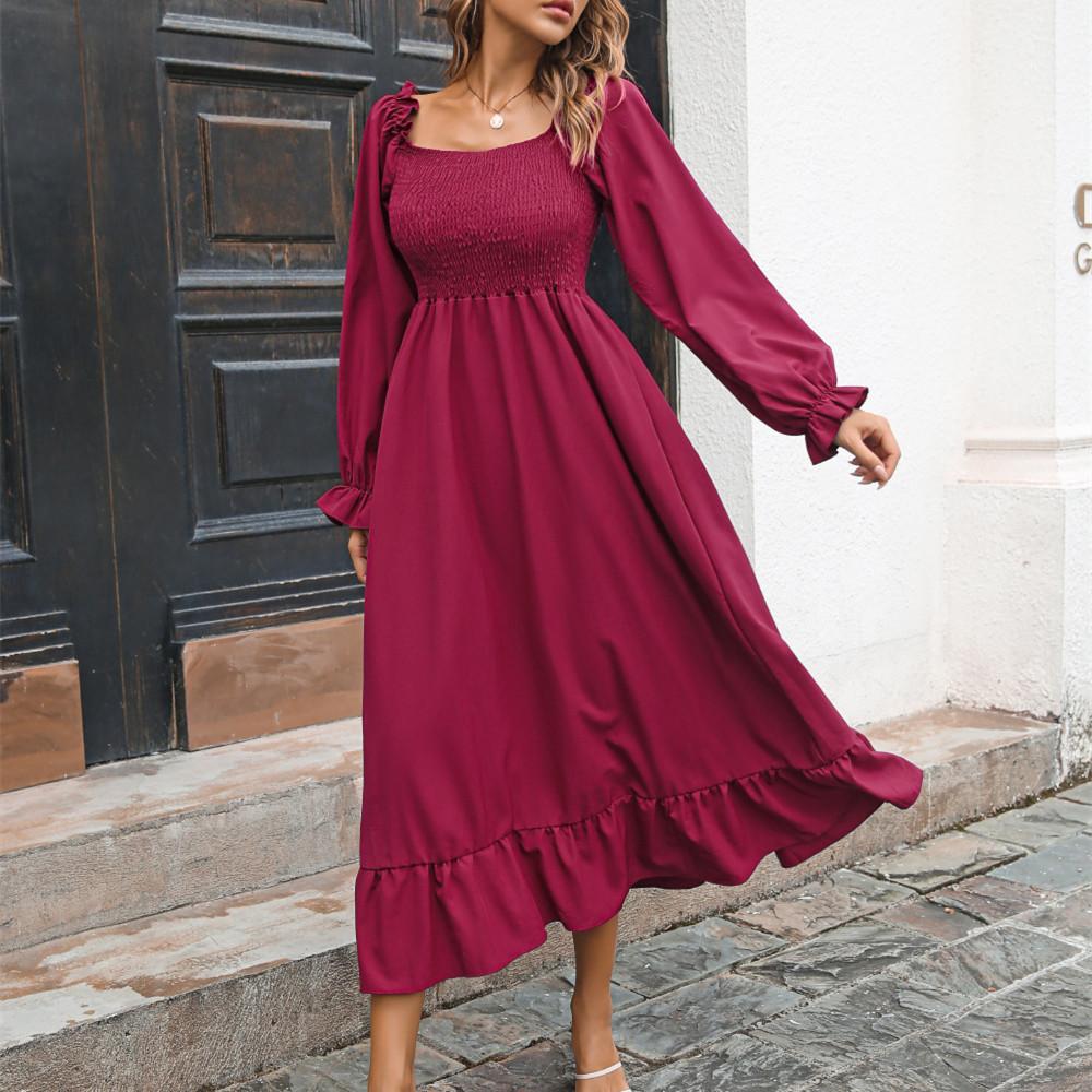 

QICED женские модные осенне-зимние однотонные повседневные платья с длинным рукавом и квадратным воротником с принтом XL бордовый