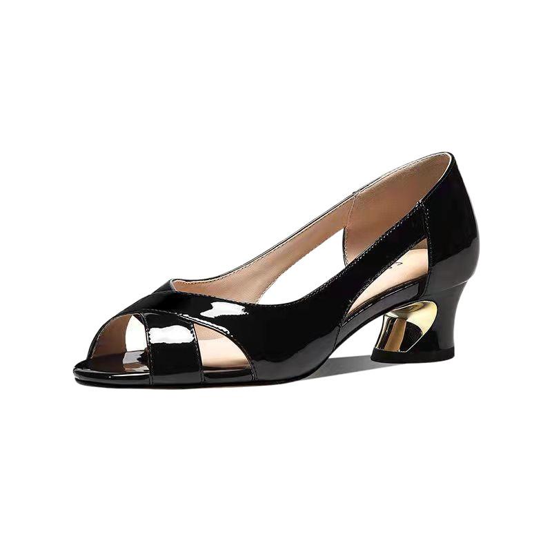 2025 Summer New Fish Mouth Sandals Real Soft Leather Women's Summer Middle Heel Hollow Thick Heel Single Shoes Women's Thick Heel Women's Shoes Lar