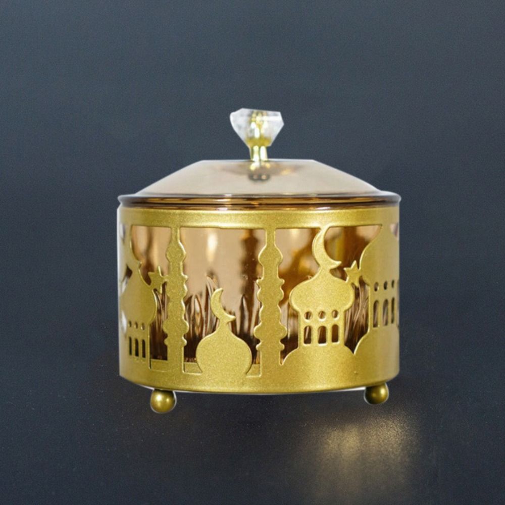 Runde Metallburg Obstschale Kreative EID Mubarak Eisen Kareem Süßigkeiten Dessertschale mit Deckel Muslimische Snack Obstschale Snacks