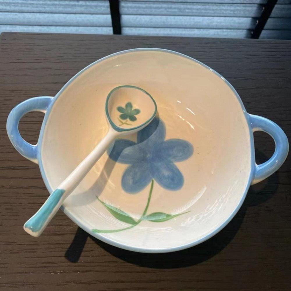 Hand-Painted Flower Ceramic Bowl with Spoon - Multi-Use Salad/Snack/Dessert Bowl for Breakfast Oatmeal Microwave Safe Kitchenwar