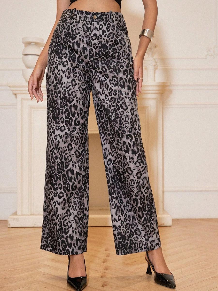 Women Leopard Print High Waist Satin Wide Leg Pants S серый