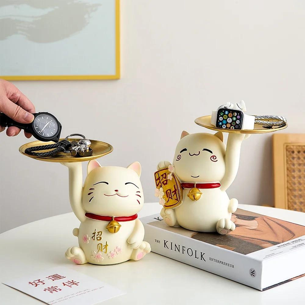 Kreative Inneneinrichtung Glückskatze Tablett Wohnkultur Zubehör Zimmer Desktop Süßigkeiten Snack Aufbewahrungstablett Harz Tier Statue Geschenk