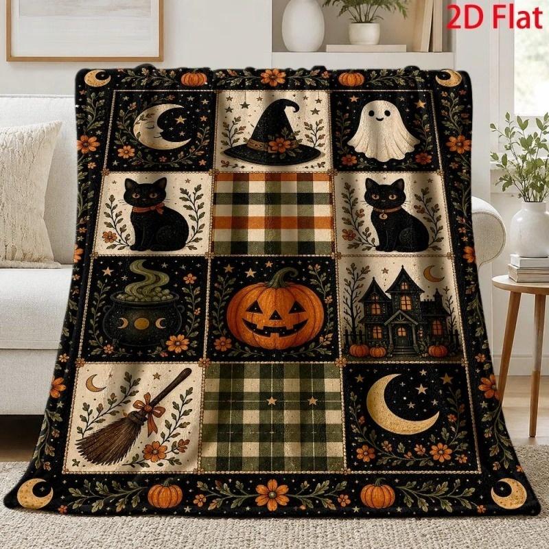 Vintage Patchwork Halloween Flannel Throw Blanket, Black Cat Ghost Pumpkin Witch Hat Print Soft Blanket for Sofa Bed Decor