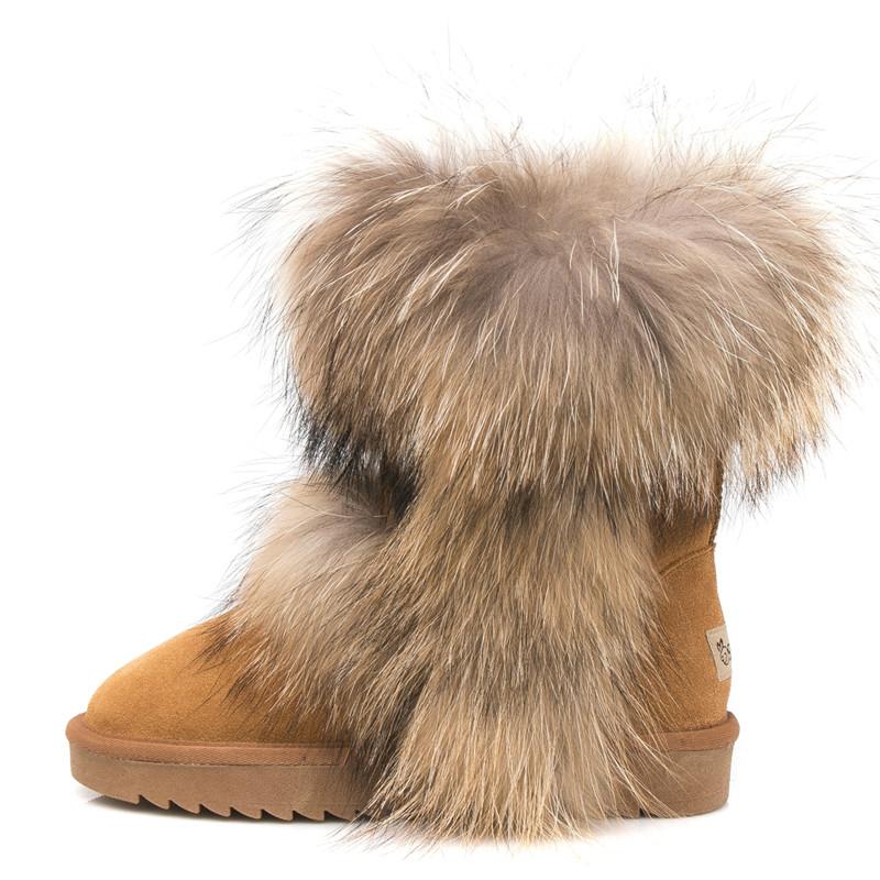 Fashion 2025 All-Match Natural Fox Fur Snow Boots Real Suede Leather Shoes Mid-Calf Knee-High Boots Raccoon Fur Warm Women'S Flat Boots