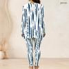 Women Plus Size Two Piece Set Round Neck Long Sleeve White Blue Printed Top Fitted Long Pants