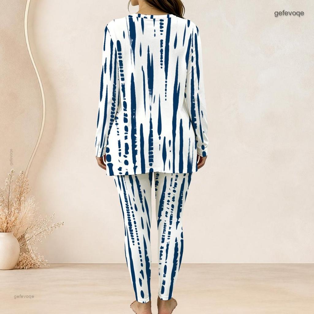 Women Plus Size Two Piece Set Round Neck Long Sleeve White Blue Printed Top Fitted Long Pants