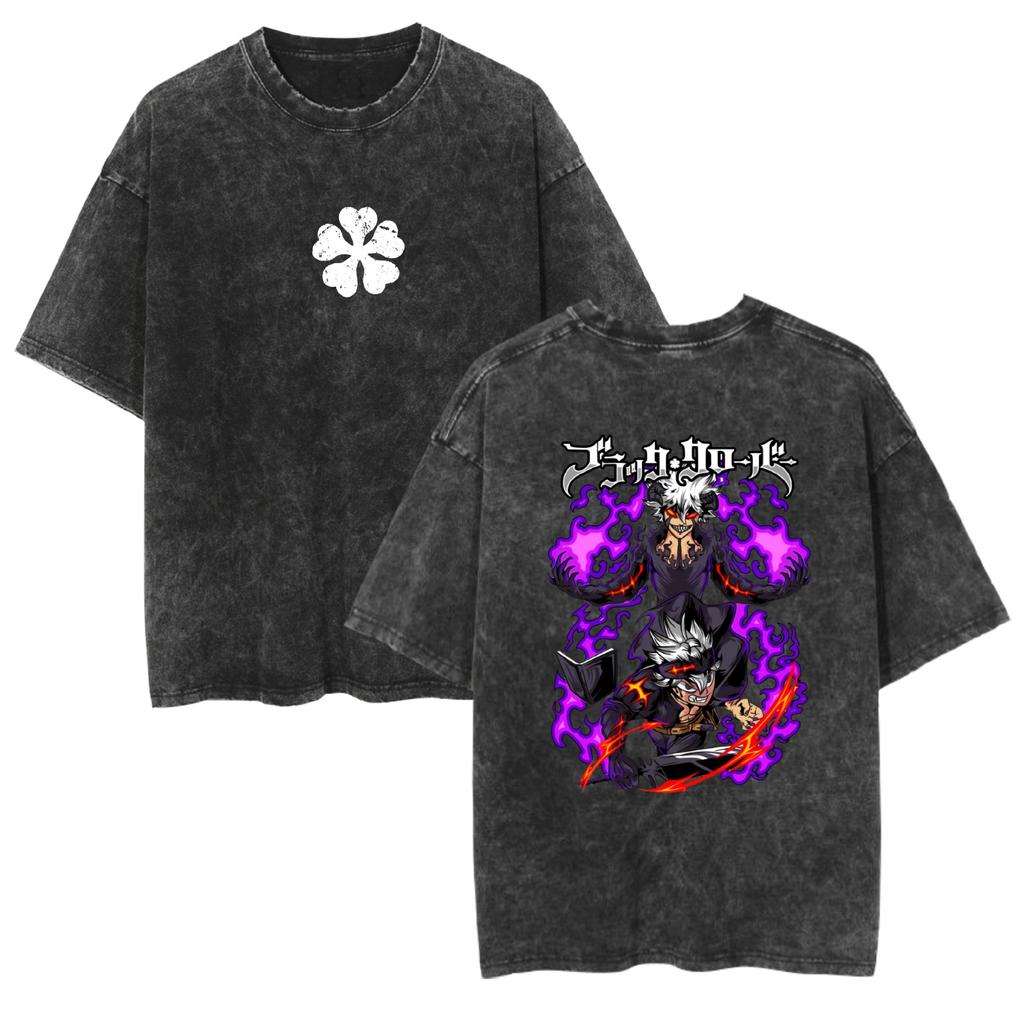 2026 Black Clover Washed Vintage Tshirt Street Hiphop Anime Casual Cotton Summer Short Sleeve
