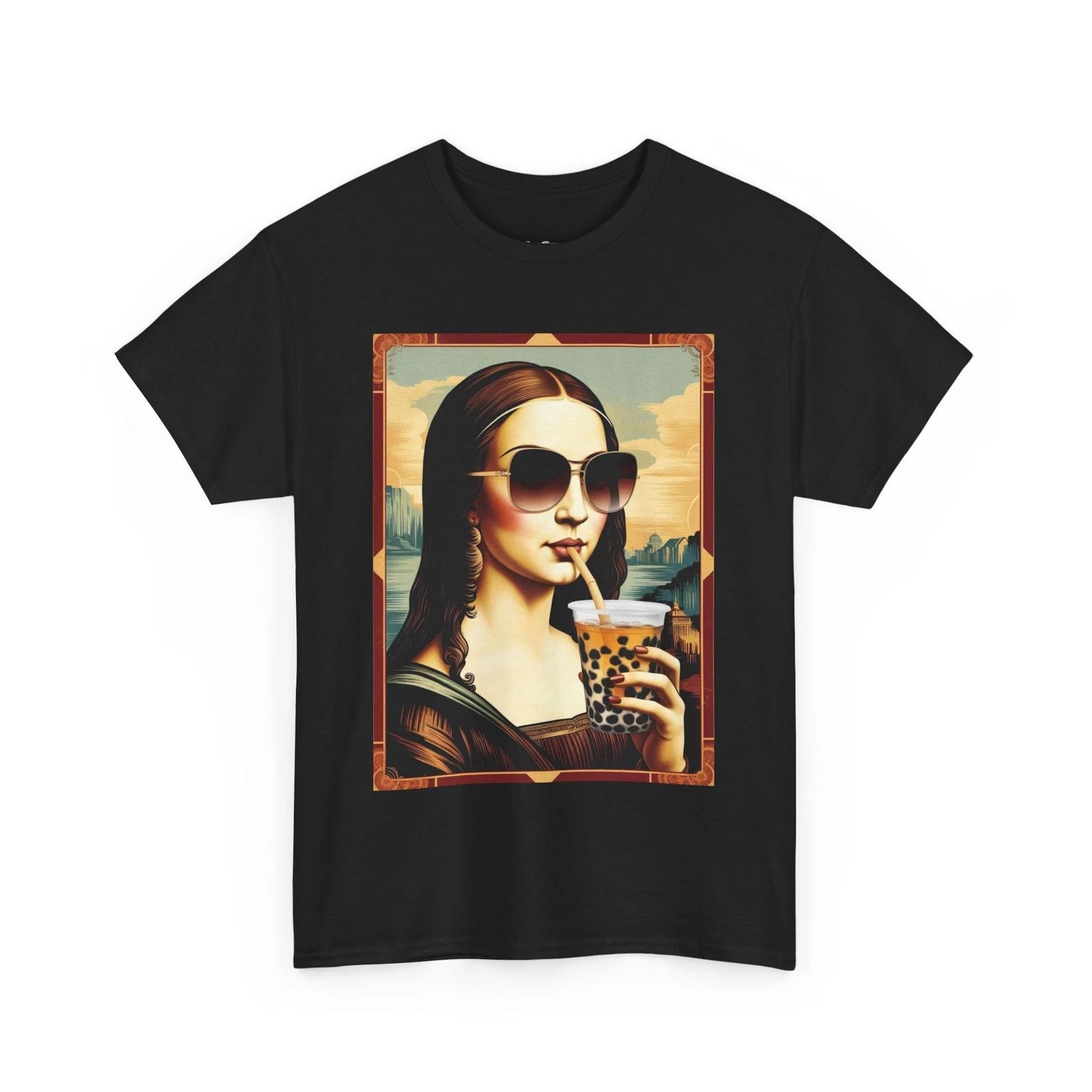 Mona Lisa Sunglasses Tee, Boba Coffee Shirt, Artistic Graphic T-shirt, Cultural 4XL