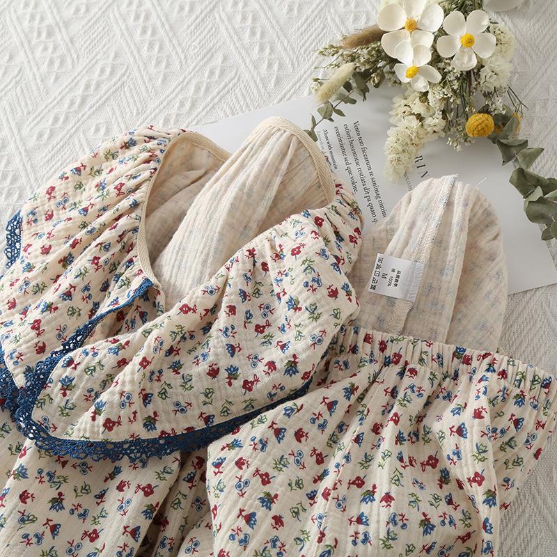 New crepe cotton yarn lotus leaf collar lace small floral pajamas loungewear age-reducing long-sleeved trousers set