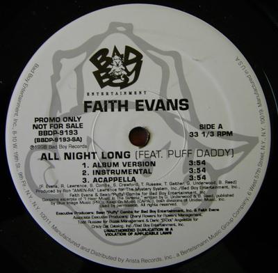 12inch Record FAITH EVANS, PUFF DADDY - All Night Long BBDP9193 Bad Boy Enterta 1998 US Soul/Funk Used