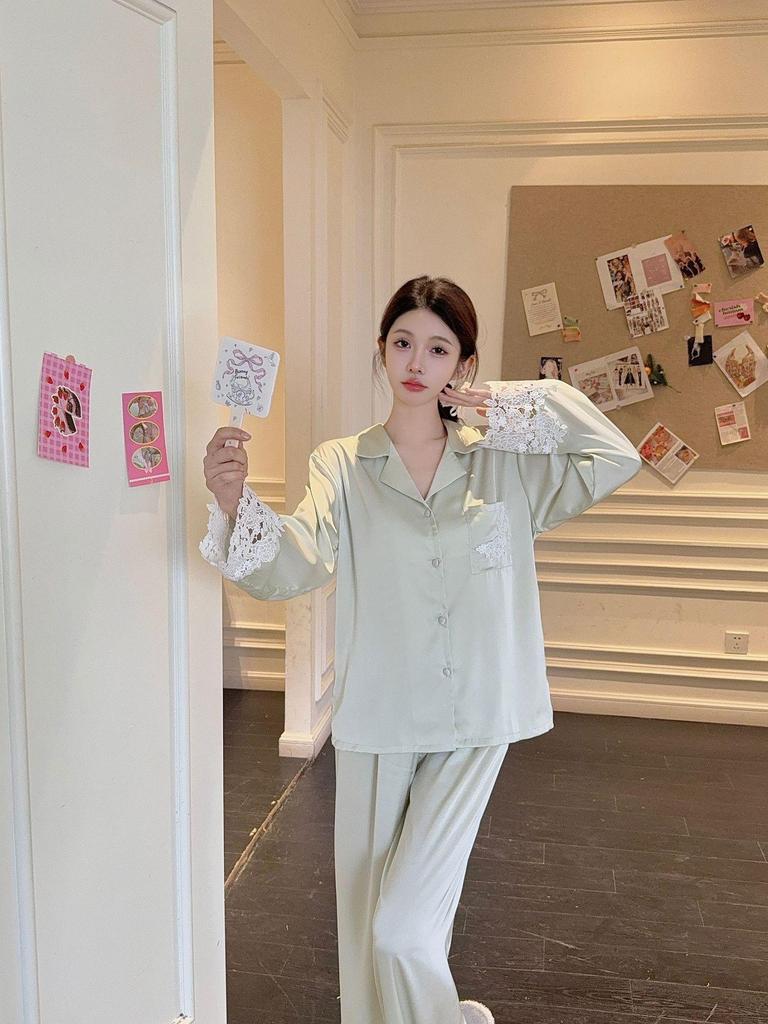 Women's Light Luxury Ice Silk Pajamas, Spring/Summer, Long Sleeve Satin with Lace.