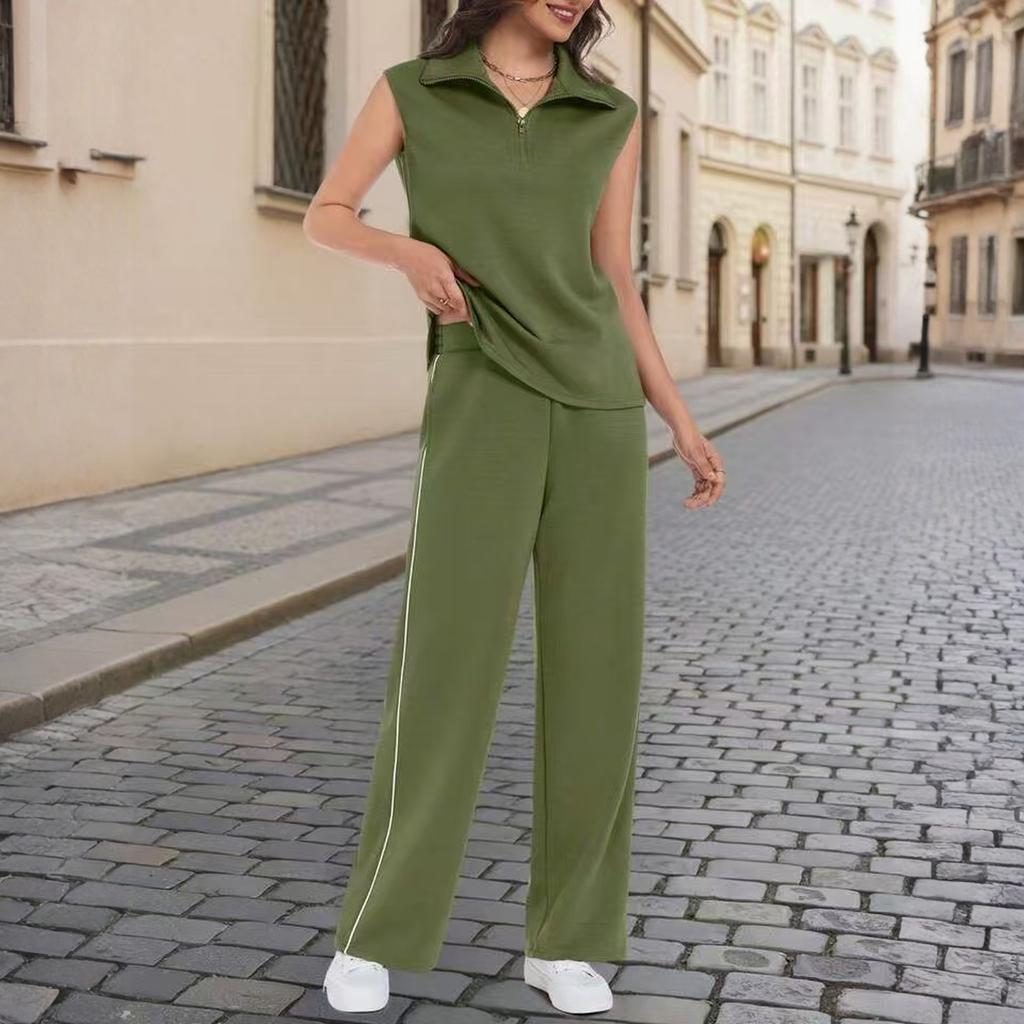 Women’s Sleeveless Top and Wide Leg Pants Two Piece Set with Zipper Collar and Side
