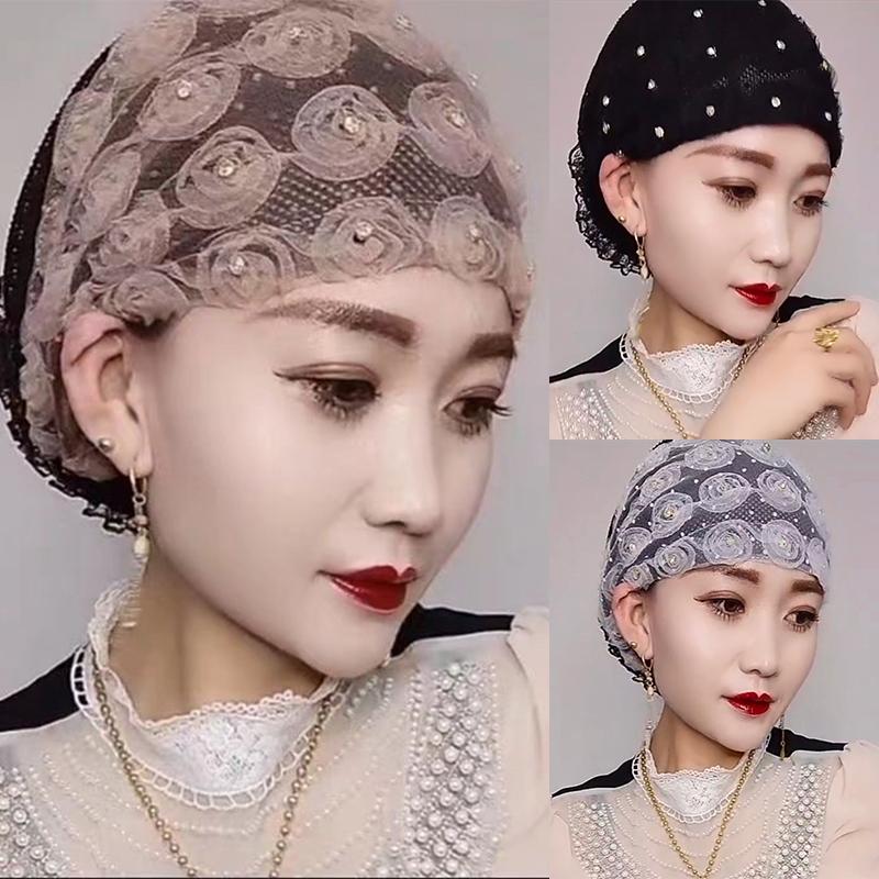 Beautiful Diamonds Flower Women'S Lace Turban Hat Breathable Mesh Summer Muslim Headwear Hat Female Daily Beanie Hair Wraps