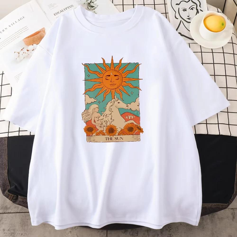 2025 Tarot Card Art The Sun Male Cotton T Shirt High Street Vintage Clothing Breathable Casual O-Neck Short Sleeve Mens Cotton