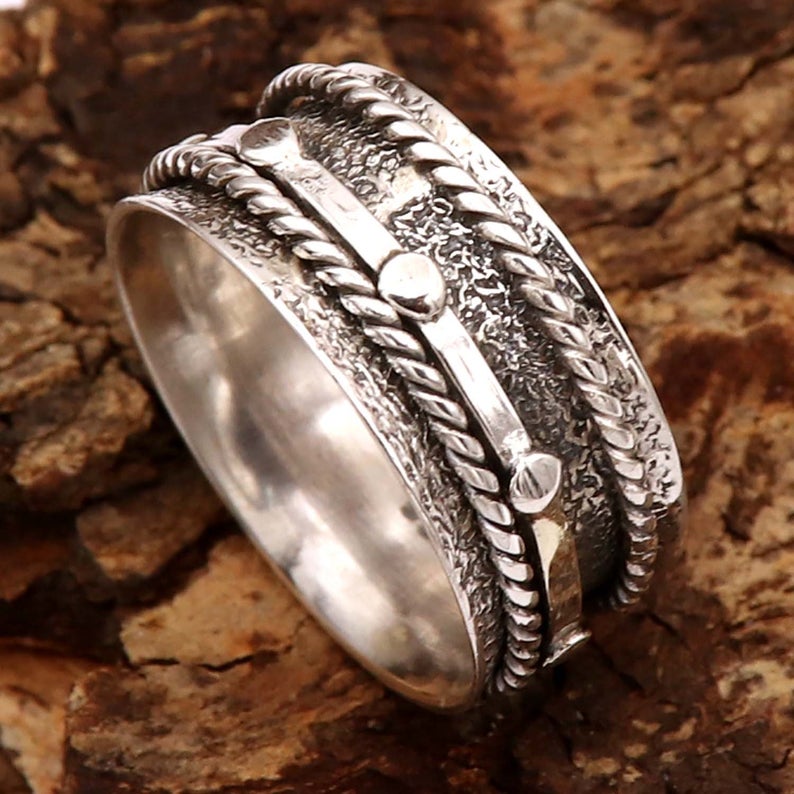 925 Sterling Silver Ring, Designer Band Spinner Ring, Handmade Two Tone Ring, Meditation Ring, For Her, Silver Anxiety Ring, Bridesmaid Ring
