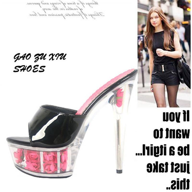 15Cm high heel sandals flower shoes, waterproof table PU surface transparent bottom crystal shoes