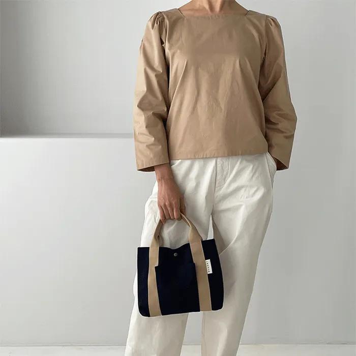 Pocket Tote Bag (Navy/Beige)