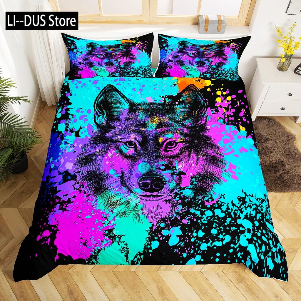 Galaxy Wolf Duvet Cover Set Full Size Bedding Set for Boys Girls Wolf Head Printed Duvet Cove Set 1 Quilt Cover 2 Pillowcases