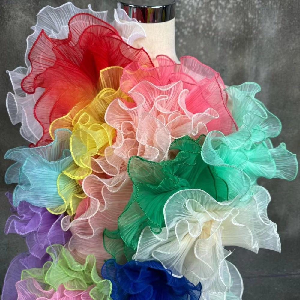 1 Yard gefalteter Stoff Magische Farbe Rüschenfalten Meerjungfrauen Spitze Doppellagig Rosenblumenmuster Laser-Farbverlauf Spitze