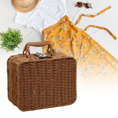 Storage Box with Handles, Vintage Rattan Woven Box, Retro Suitcase Accessories for