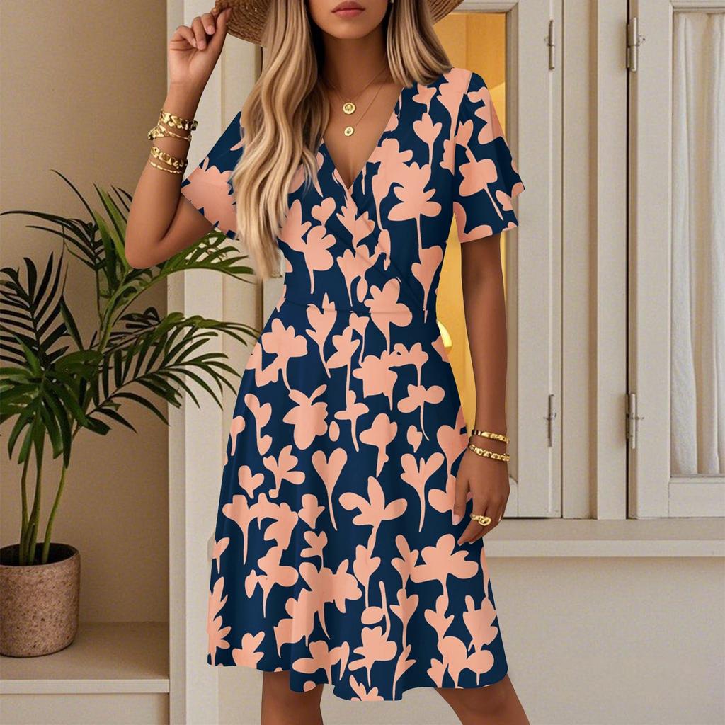 Women's Summer Fashion Leaf Print Dress Casual Beach A-line V-neck Loose Sundress