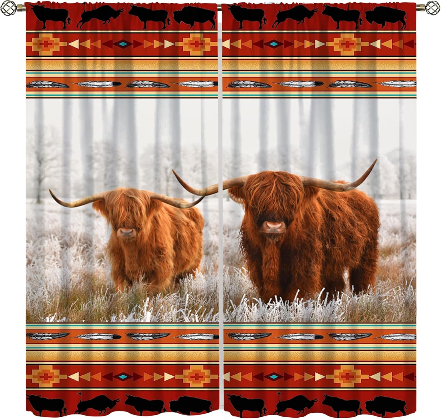 Highland Cow Curtains, Country Farm Animal Cow Window Treatments for Farmhouse Kitchen, Western Wildlife Bull Sunflower Print 60×150