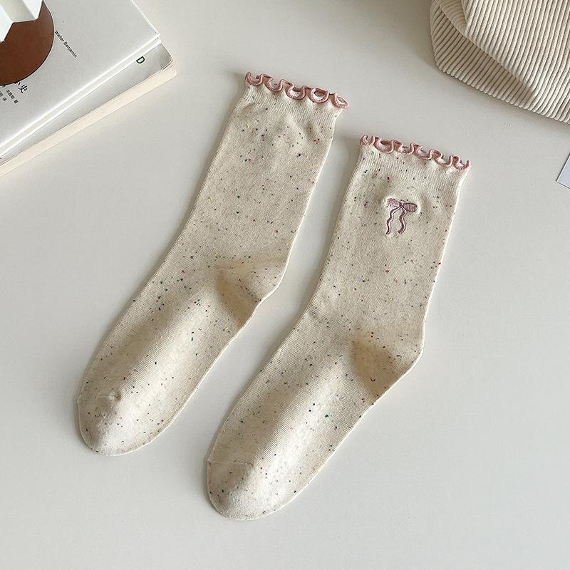 SCIONE Women's Pile Socks Solid Color Cotton Socks Spring and Autumn Yarn Stockings Cute Kapibala Series Ruffled Trim Embroidered Girl Socks