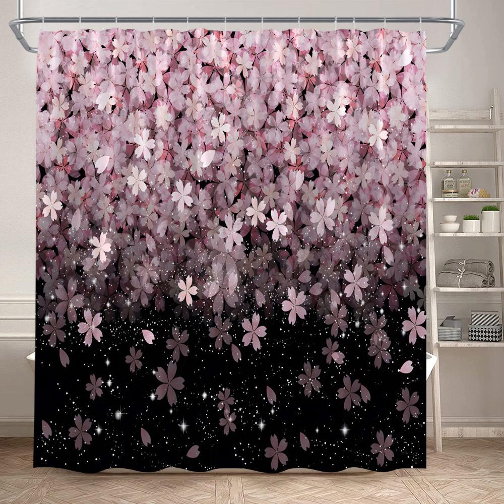 Japanese Style Floral Shower Curtain Pink Cherry Blossom Koi Fish Sea Waves Abstract Mountain Scenery Bathroom Curtain Decor Set