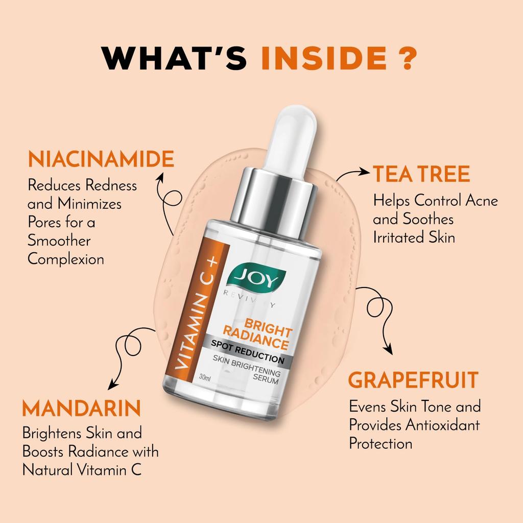 Joy Bright Radiance Vitamin C Face Serum 30ml Pack of 1 for Skin Brightening & Dark Spot Reduction