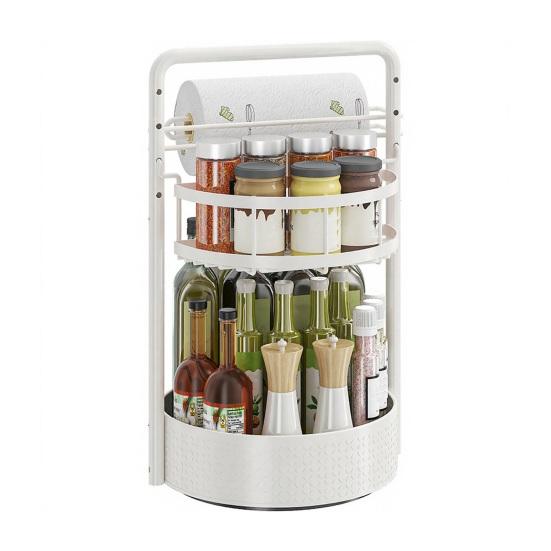 Вращающаяся полка для специй со встроенным держателем для бумажных полотенец, 360 градусов, двухъярусный, регулируемая высота, металлическая полка для хранения на кухне белый