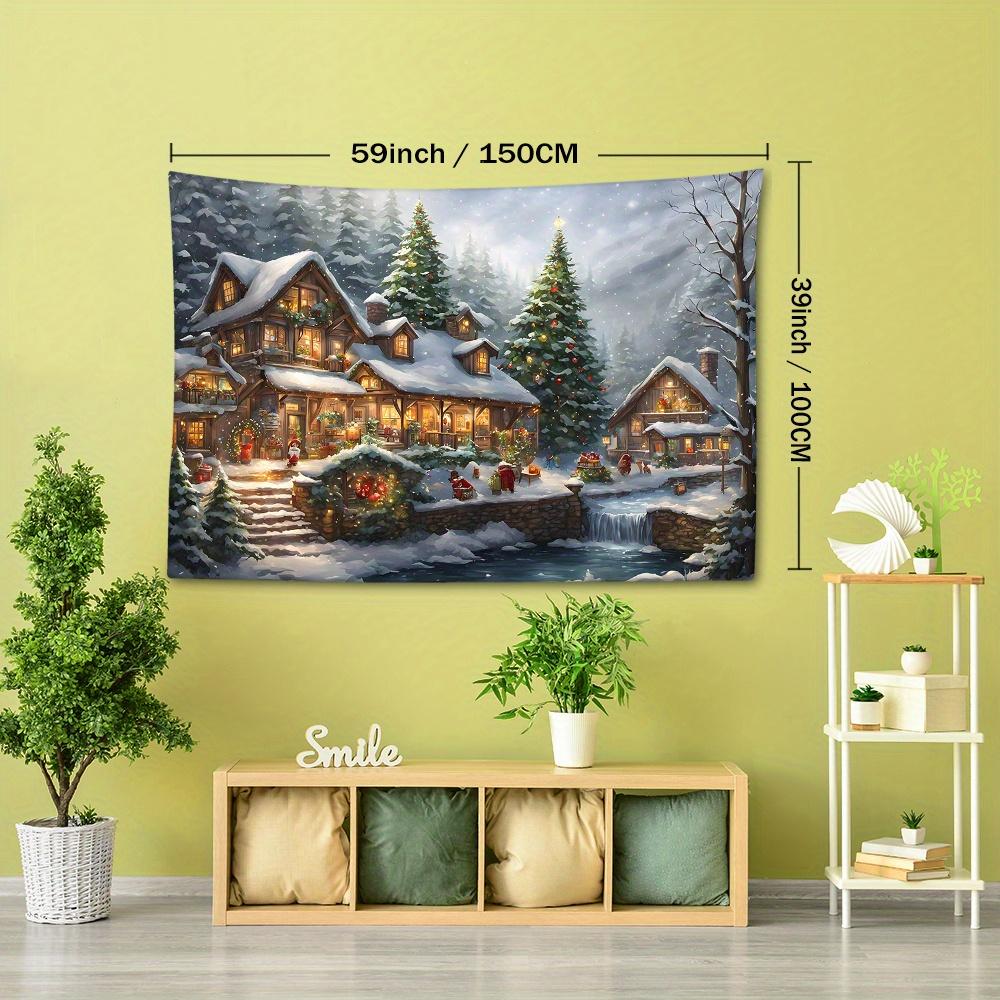 Christmas Themed Tapestry, Festive Town with Christmas Trees Corridor Scene, Polyester Woven Wall Hanging, Animal & Nature Pattern, Brushed Fabric, 90